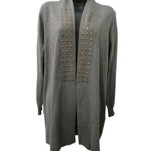 Esperanza Grey Knit Long Cardigan Sweater Gold Studded Open Front sz XL